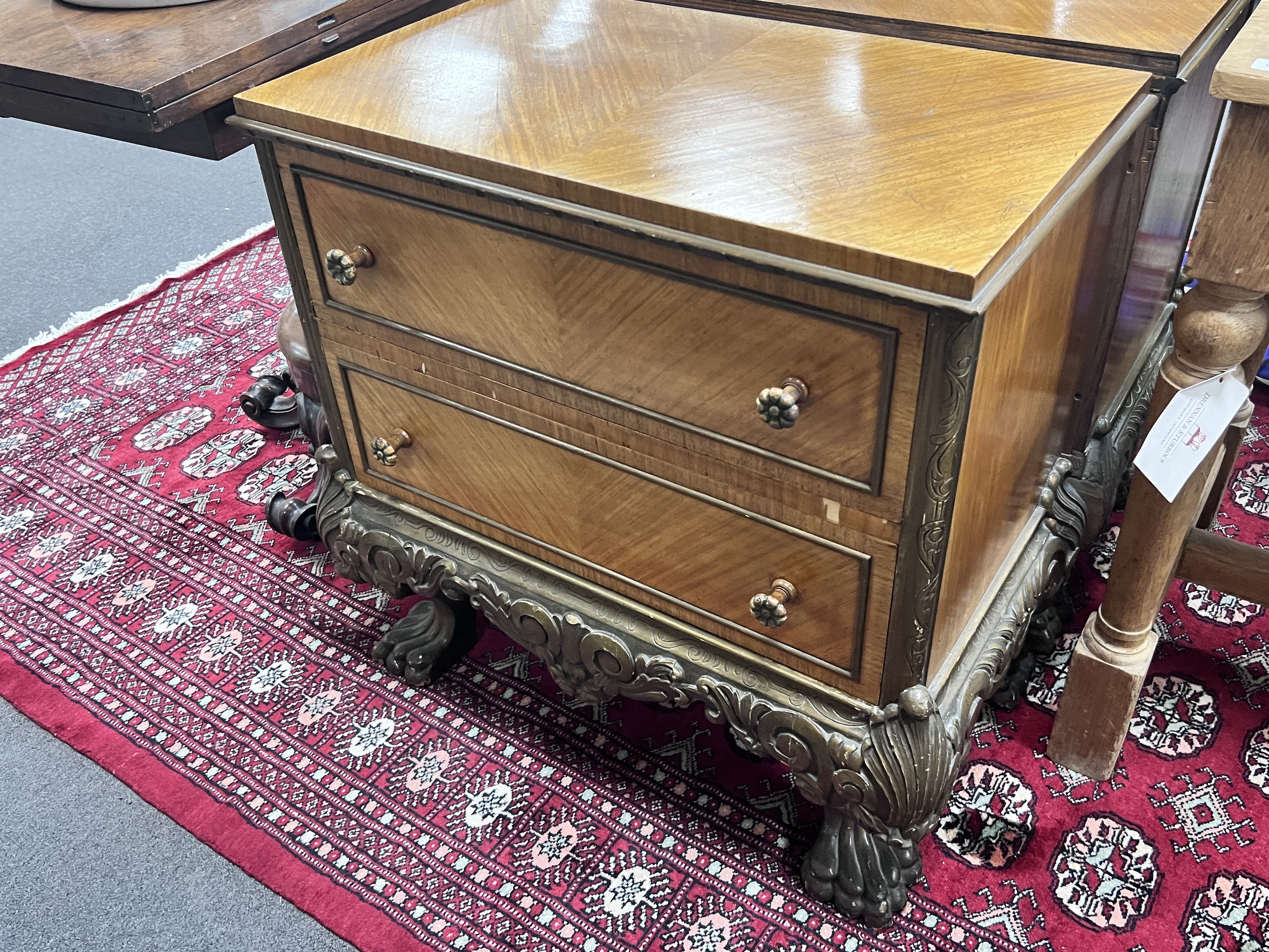 A pair of George I style giltwood and walnut two drawer chests, width 72cm, depth 41cm, height 71cm